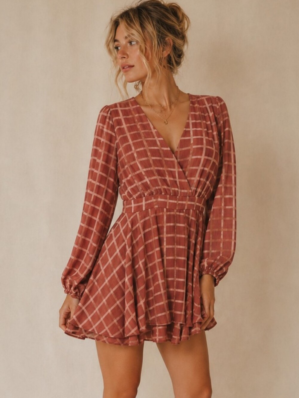 Charmed Hearts Rust Mauve Plaid Long Sleeve Tie Back Medium EUC